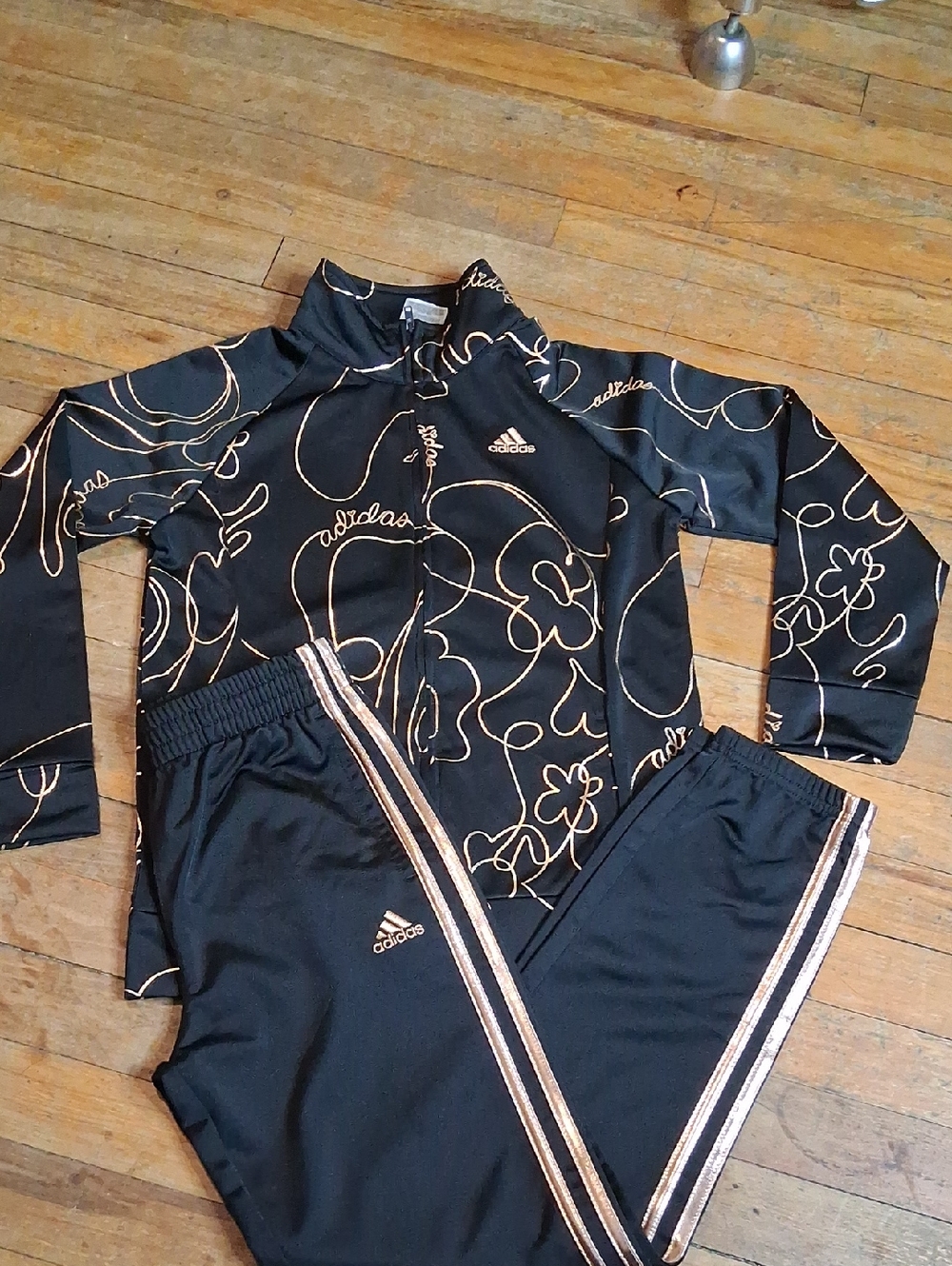 adidas Black Track Jacket and Pants with Rose-Gold Line Art